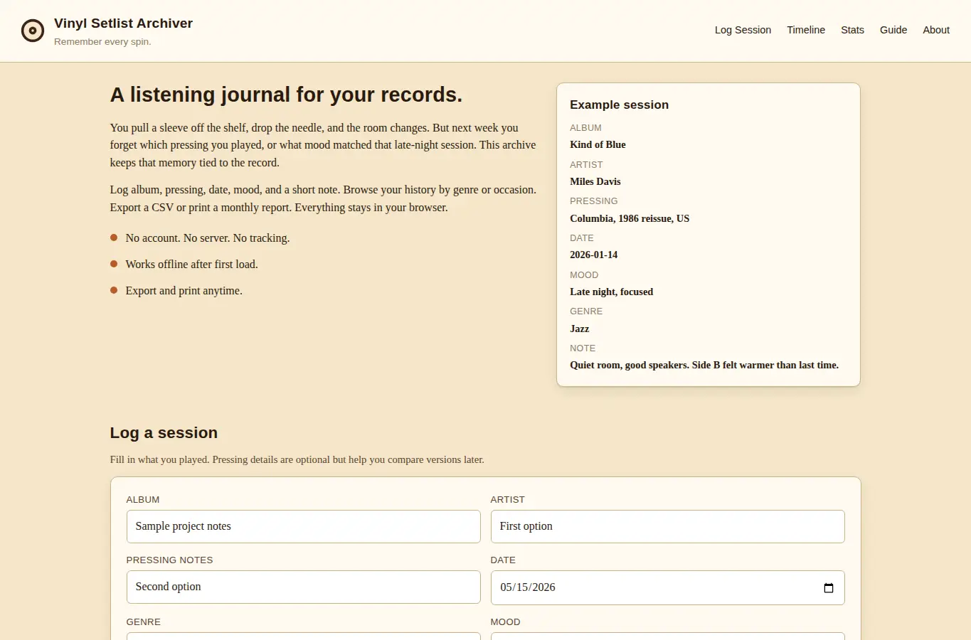 Screenshot of Vinyl Setlist Archiver interface showing the project page in use